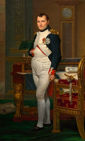 Born in Corsica, Napoleon Bonaparte (1769–1821) is shown here in his Paris palace shortly before invading Russia, his most profound mistake. The Emperor Napoleon in His Study at the Tuileries by Jacques-Louis David, 1812. Source.