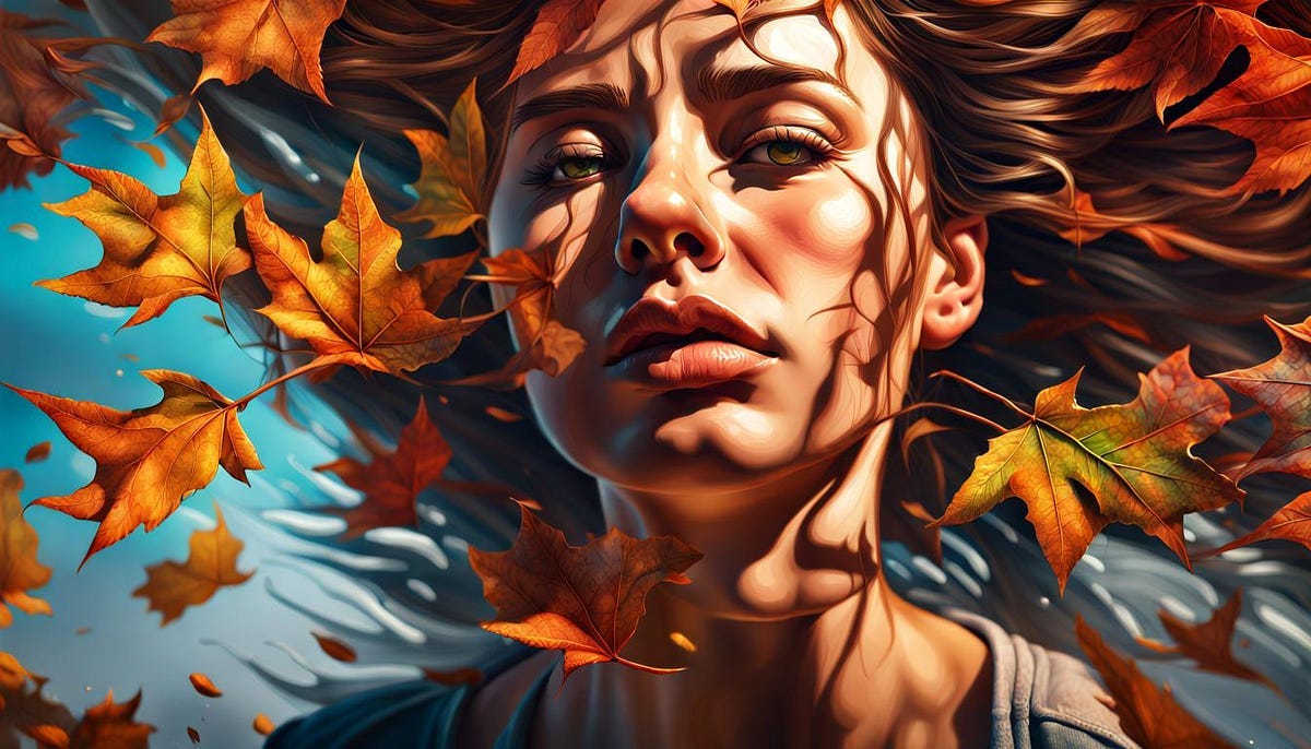 Wind blowing leaves against face of sad woman