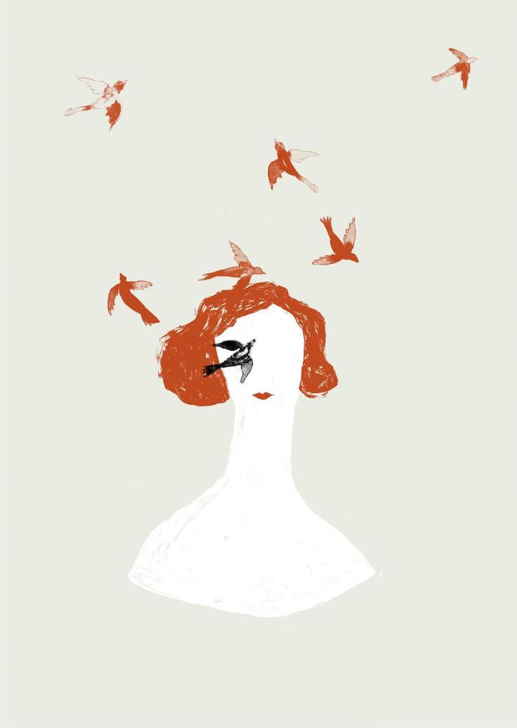 a painting of a woman with red hair and no face, but a mouth, surrounded by birds
