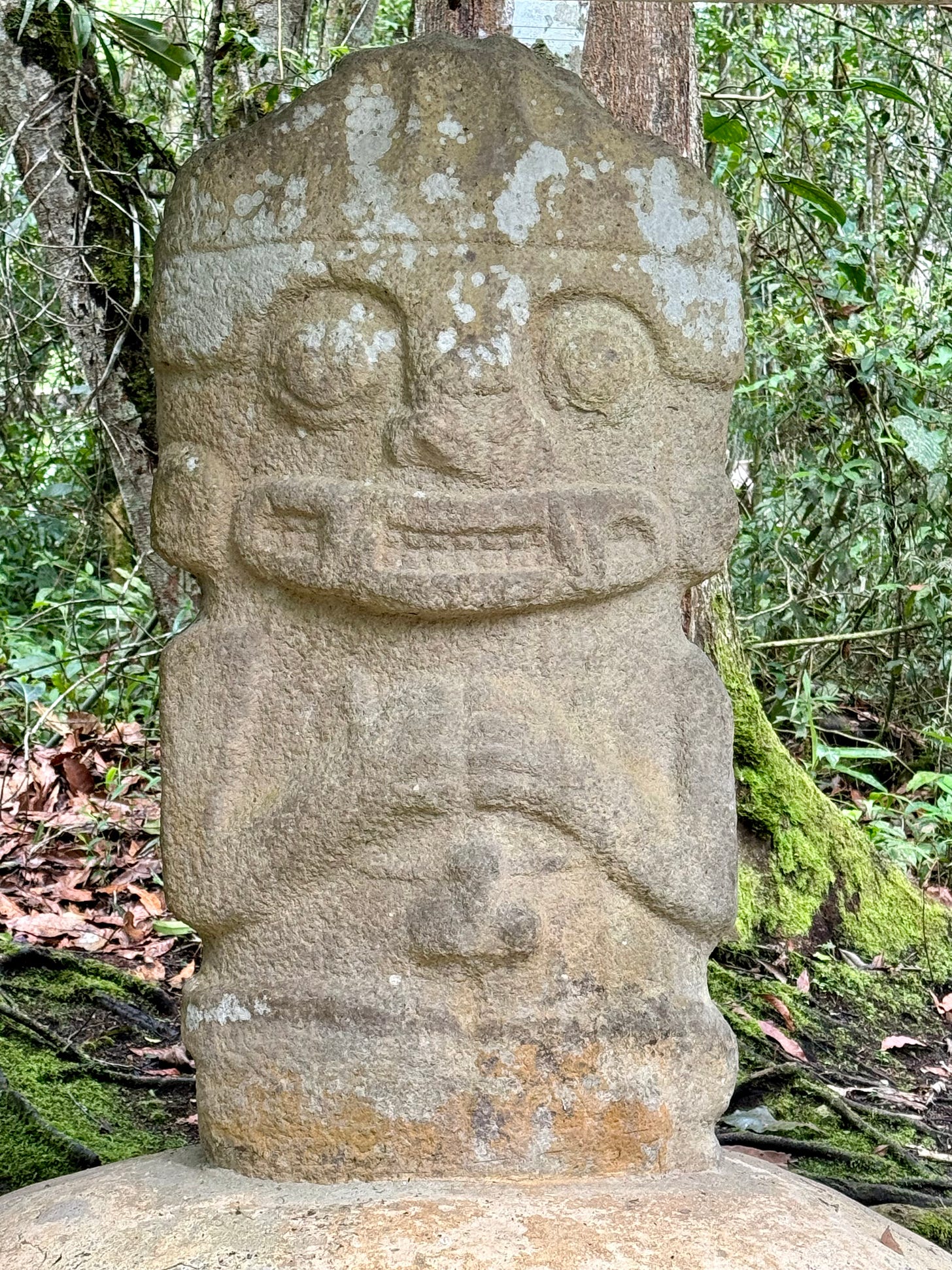 Estatua en piedra volcánica en el Parque Arqueológico de San Agustín. Pudiera ser un chamán con el pene atado como símbolo de castidad, colmillos en la boca y ojos circulares que parecen alucinar. Foto propia.