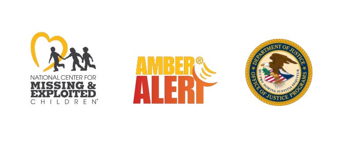 the missing kids, amber alert, and department of justice logos