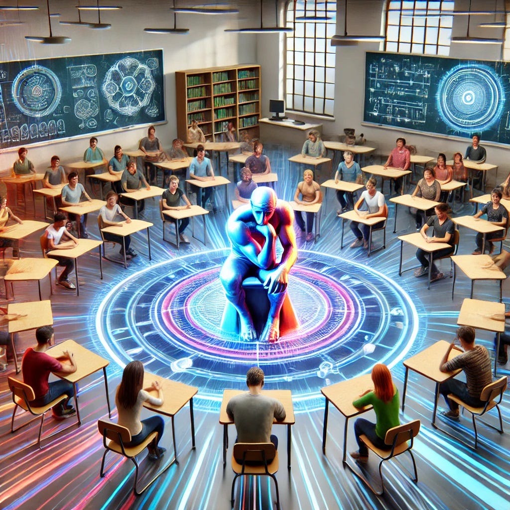 an image of a college classroom with all desks arranged in a circle, a diverse range of students, and a central holographic 3D image of a humanoid character posed like Rodin's "The Thinker," all in a Futurism style.