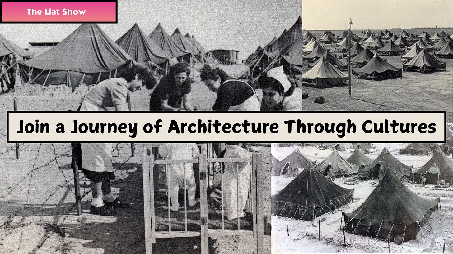 Ma'abarot, transit tent camps in the early days of Israel, showing rows of tents with people, including women working and caring for children in a sandy environment.