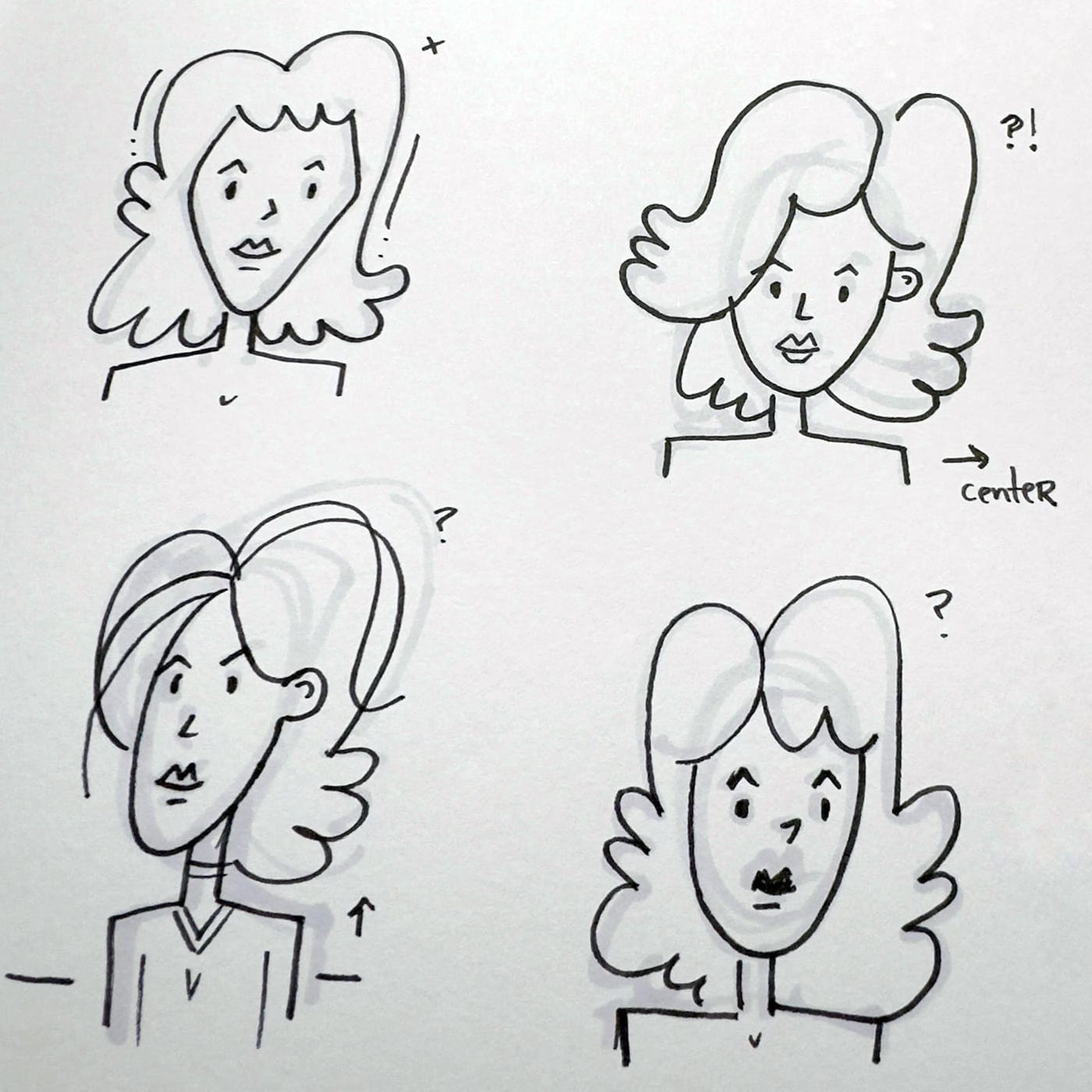 A sketchbook page with marker drawings of a lady.