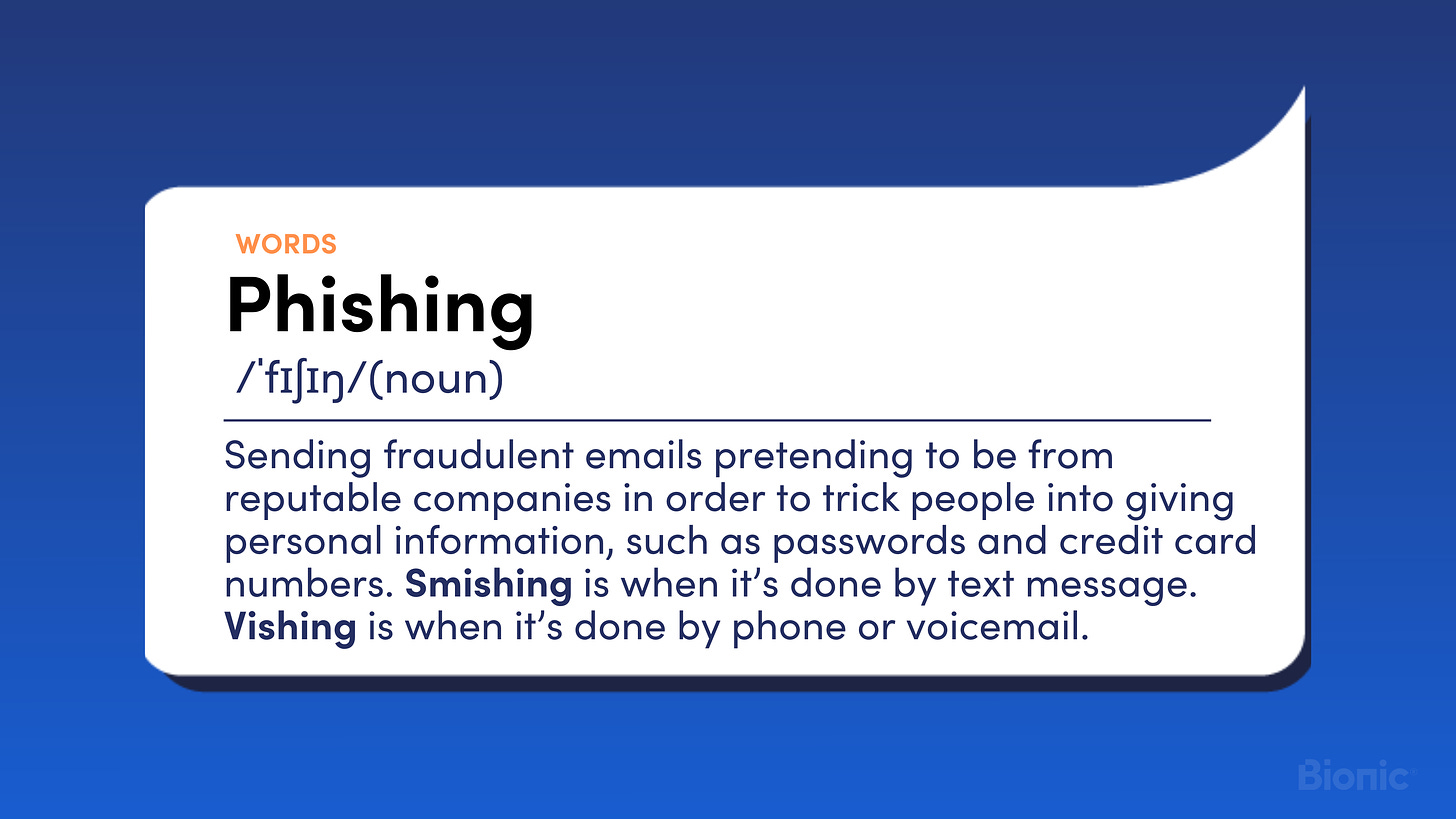 Phishing (noun) Sending fraudulent emails pretending to be from reputable companies in order to trick people into giving personal information, such as passwords and credit card numbers. Smishing is when it’s done by text message. Vishing is when it’s done by phone or voicemail.