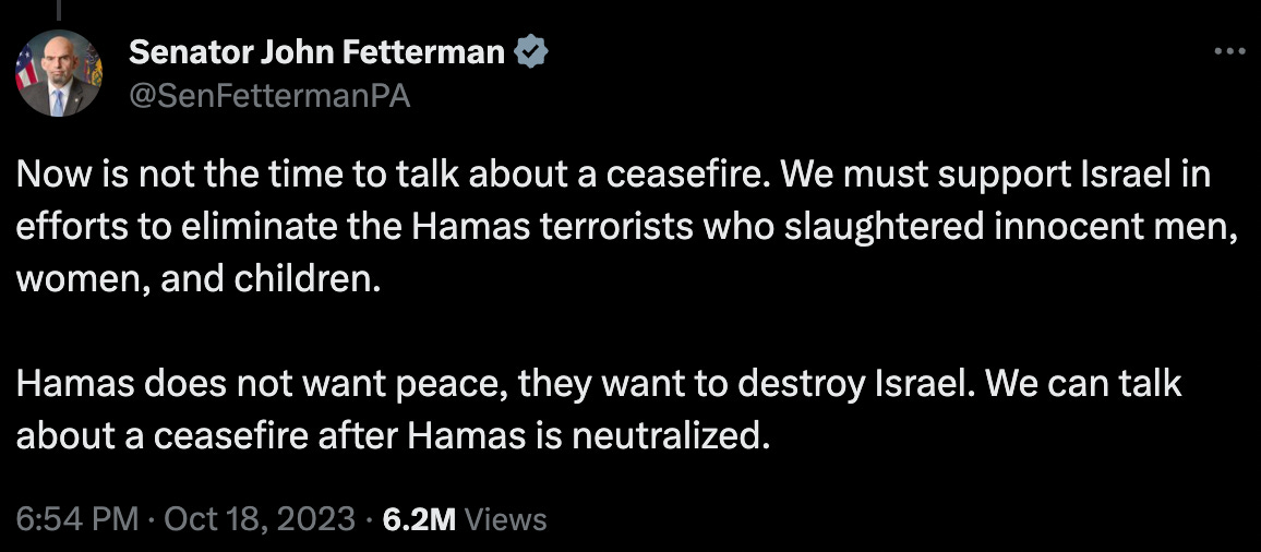 Now is not the time to talk about a ceasefire. We must support Israel in efforts to eliminate the Hamas terrorists who slaughtered innocent men, women, and children.  Hamas does not want peace, they want to destroy Israel. We can talk about a ceasefire after Hamas is neutralized.