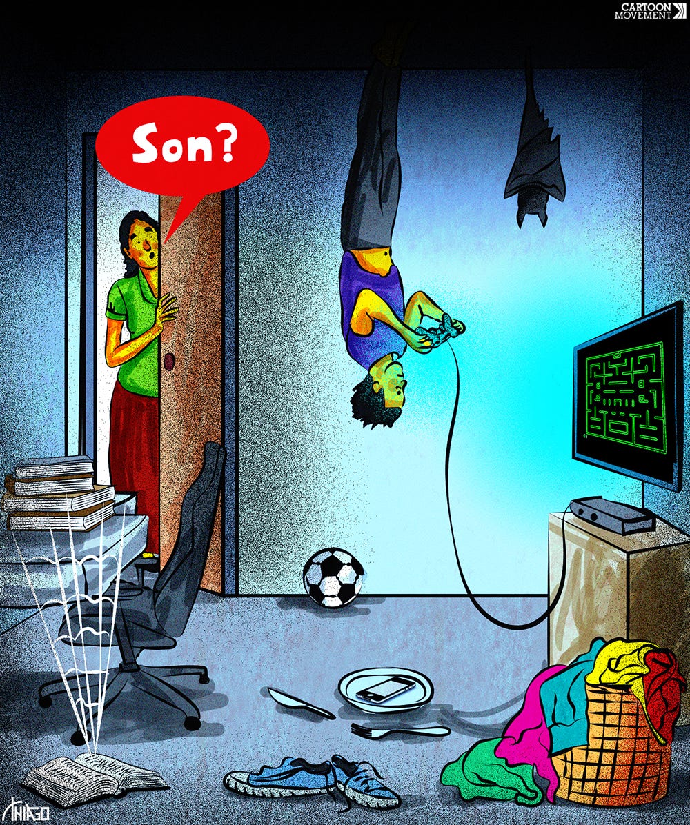 Cartoon showing a boy hanging upside down from the ceiling playing a video game. A bat is hanging upside down next to him. His mother is in the door opening saying 'son?'.