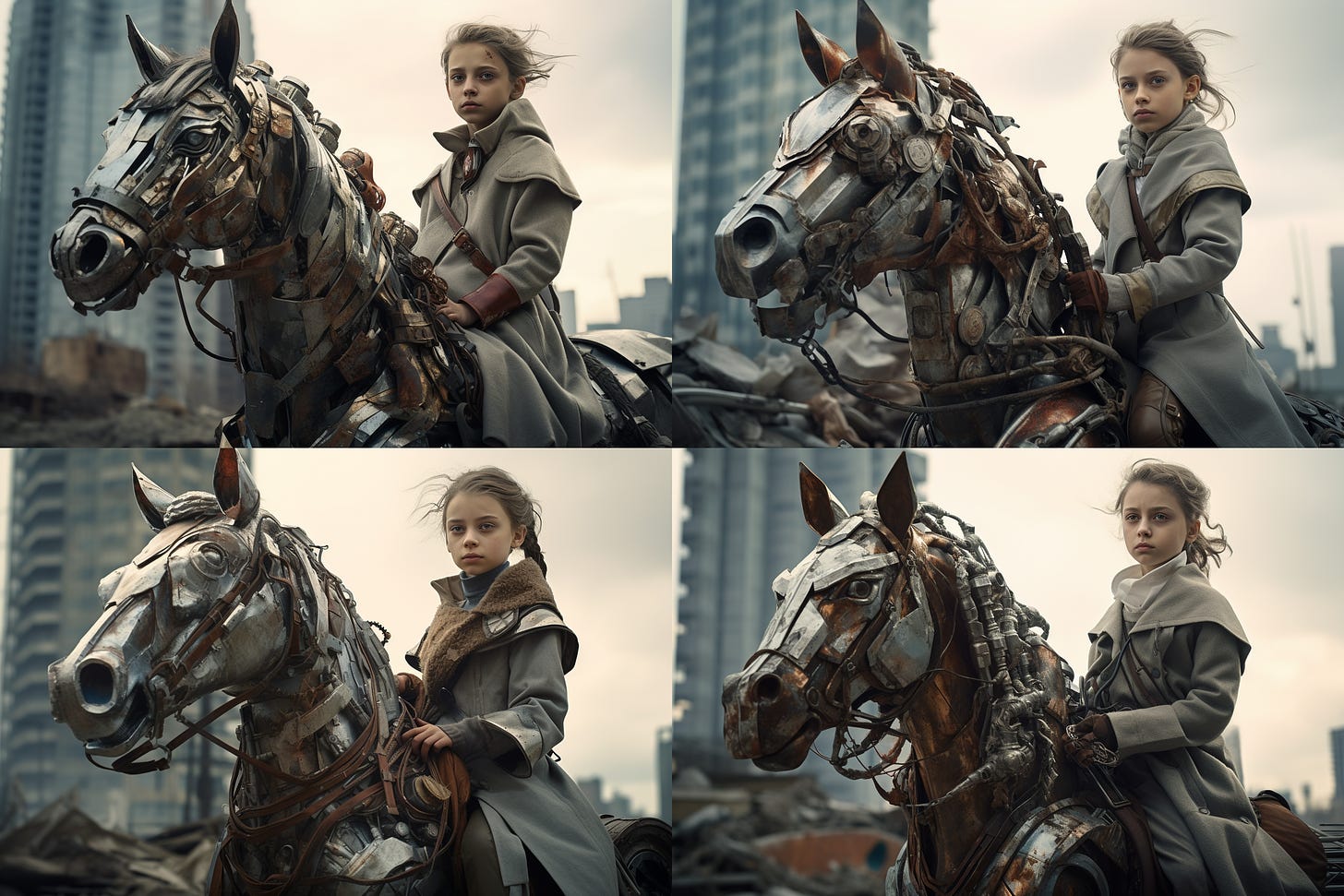 Four variations with Low Variance for girl on a metal horse, dystopian city, sovietcore