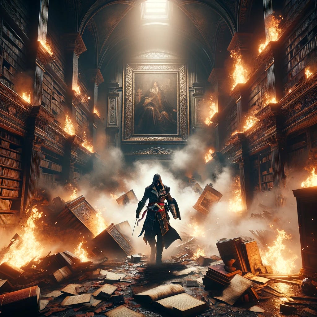 Create a visually striking scene set in the Assassin's Creed universe, where the library is now a battleground of chaos and shadow. Amidst the darkness, the glow of fire adds a dramatic contrast, illuminating parts of the scene with a fierce, warm light. Bookshelves are not just toppled but burning, sending plumes of smoke into the air and casting an apocalyptic glow. The assassin, a figure of both darkness and determination, moves through this inferno with purpose, his silhouette outlined by the flames, making him appear both menacing and heroic. The chaos has escalated, with shattered artifacts and scattered pages from ancient manuscripts lying amongst the flames. Renaissance paintings that once graced the walls are now endangered by the encroaching fire, their fate uncertain in this tumultuous scene. This image encapsulates a moment of intense action and peril, highlighting the assassin's role in a world teetering on the edge of destruction.