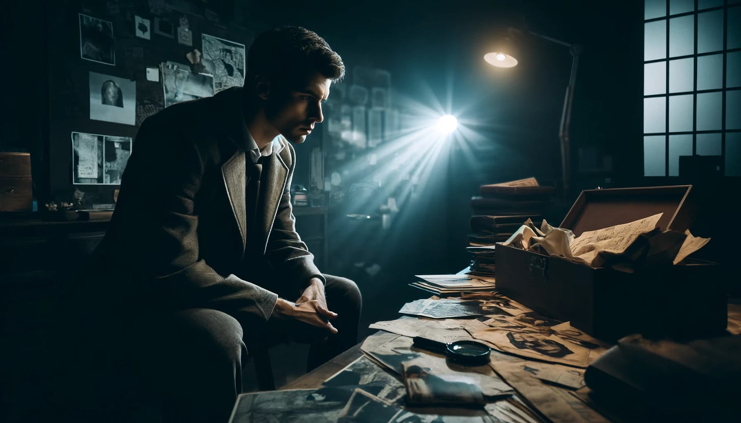 A detective in a dimly lit room, surrounded by evidence, looking defeated. The room is cluttered with case files, photos, and maps. A faint light or clue emerges in the background, symbolizing a glimmer of hope. The scene is dramatic and moody, capturing the detective's moment of despair followed by a subtle sign of hope.