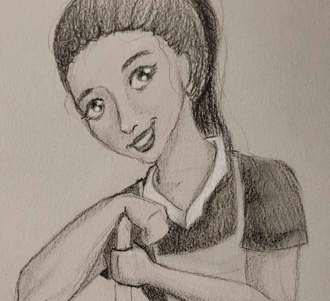 Drawing of a young woman with dark hair in a ponytail, wearing a hotel housekeeper's uniform, leaning on a broom handle and smiling slightly