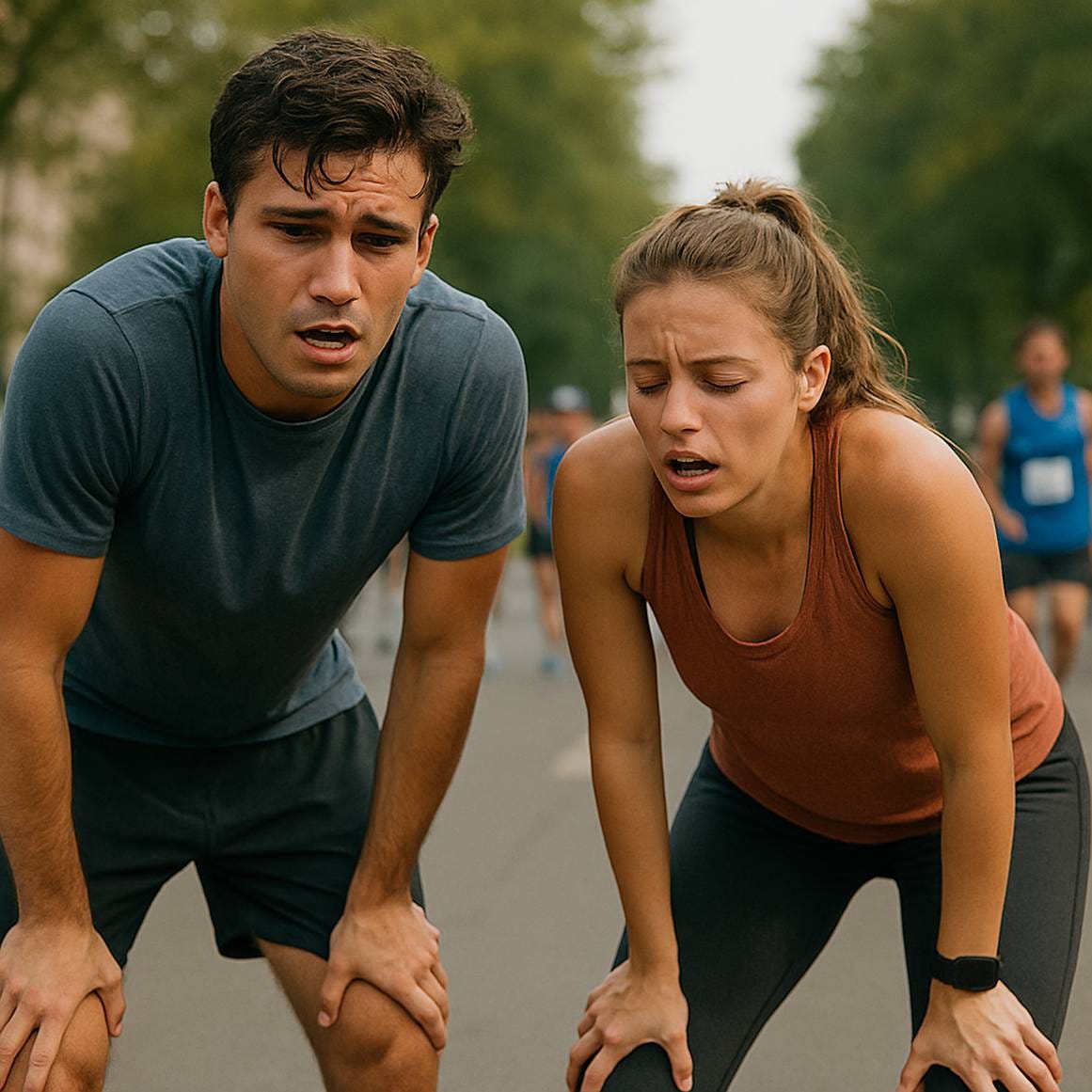 Two exhausted athletes bent over catching their breath during a long-distance race.