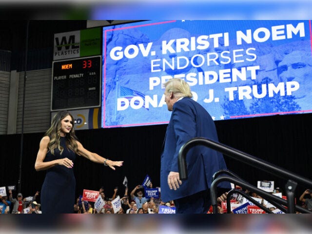 outh Dakota Governor, Kristi Noem welcomes former US president and 2024 Republican Presidential hopeful Donald Trump on stage during the South Dakota Republican Party's Monumental Leaders rally at the Ice Arena at the Monument in Rapid City, South Dakota, September 8, 2023. (Photo by ANDREW CABALLERO-REYNOLDS / AFP) (Photo by …