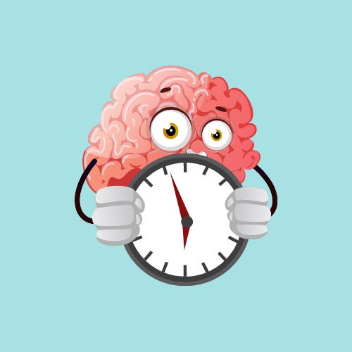 A cartoon brain holding a clock in its hands