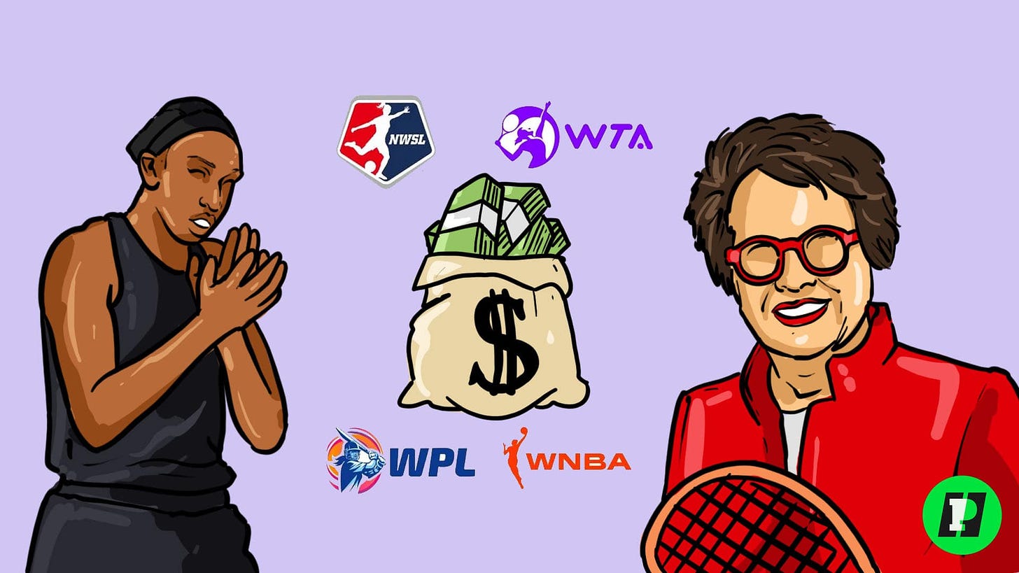 cartoon image of women's basketball player on left with money in the middle and billie jean king on the right