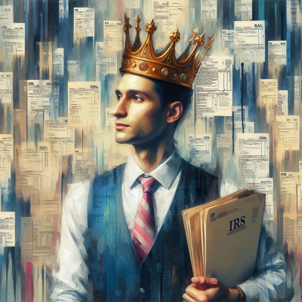 AI generated portrait of a young man in business attire wearing a crown holding a stack of folders labled IRS