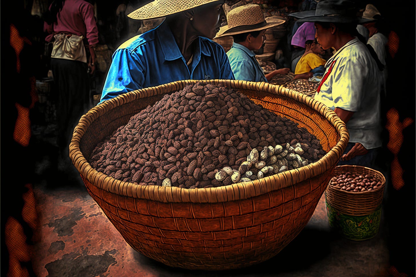 A basket full of dried cocoa beans being traded at a mayan market via the MidJourney AI bot.