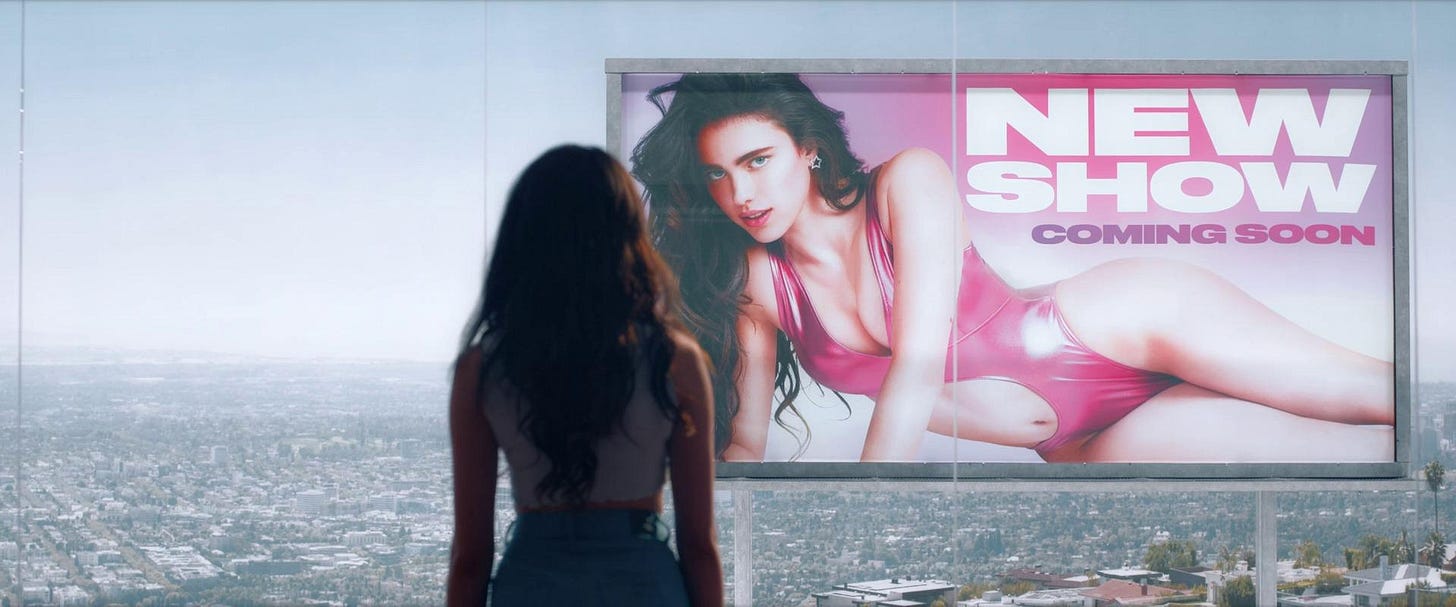 Margaret Qualley, in silhouette, stares at a billboard of herself in a revealing pink leotard