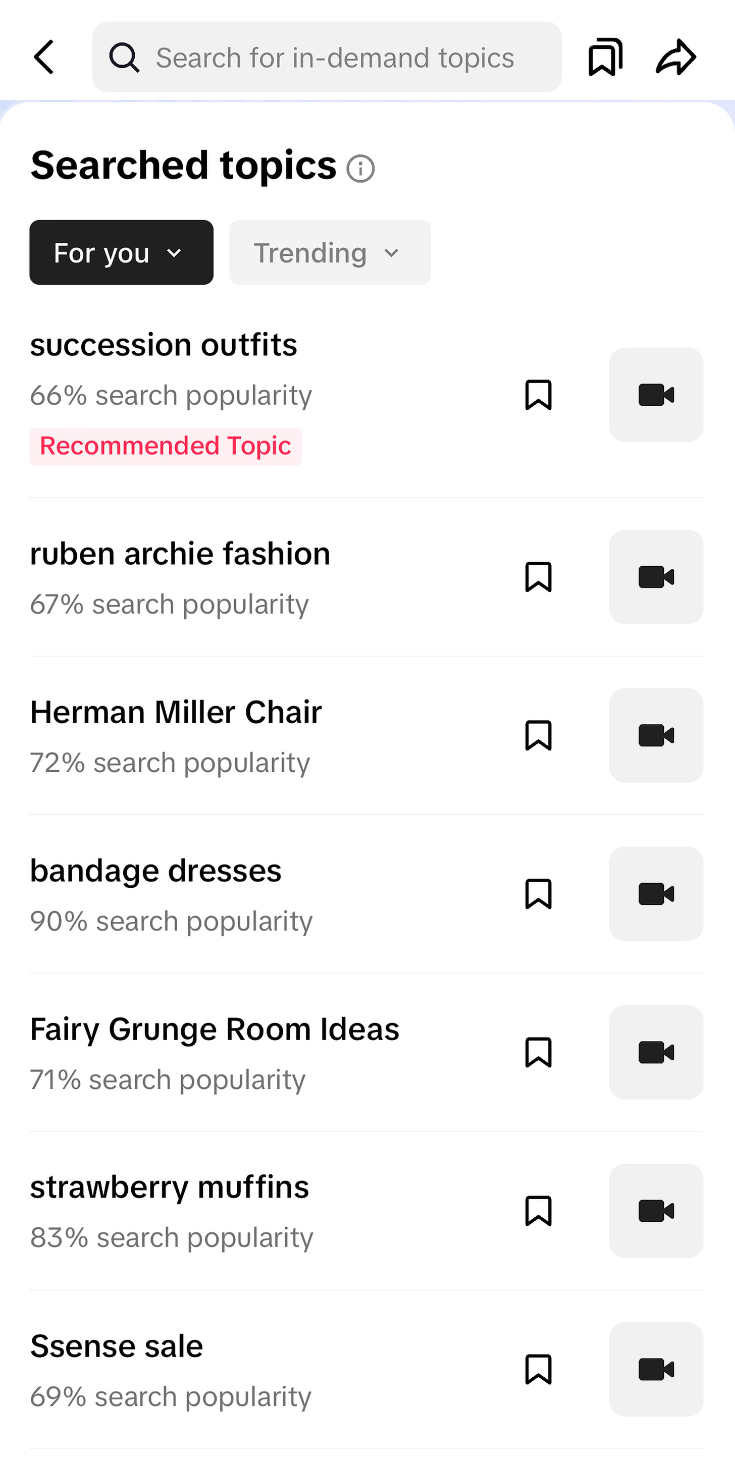 A TikTok insights screenshot showing recommended topics to make content about. Topping the list is “Succession outfits” with 66 percent search popularity.