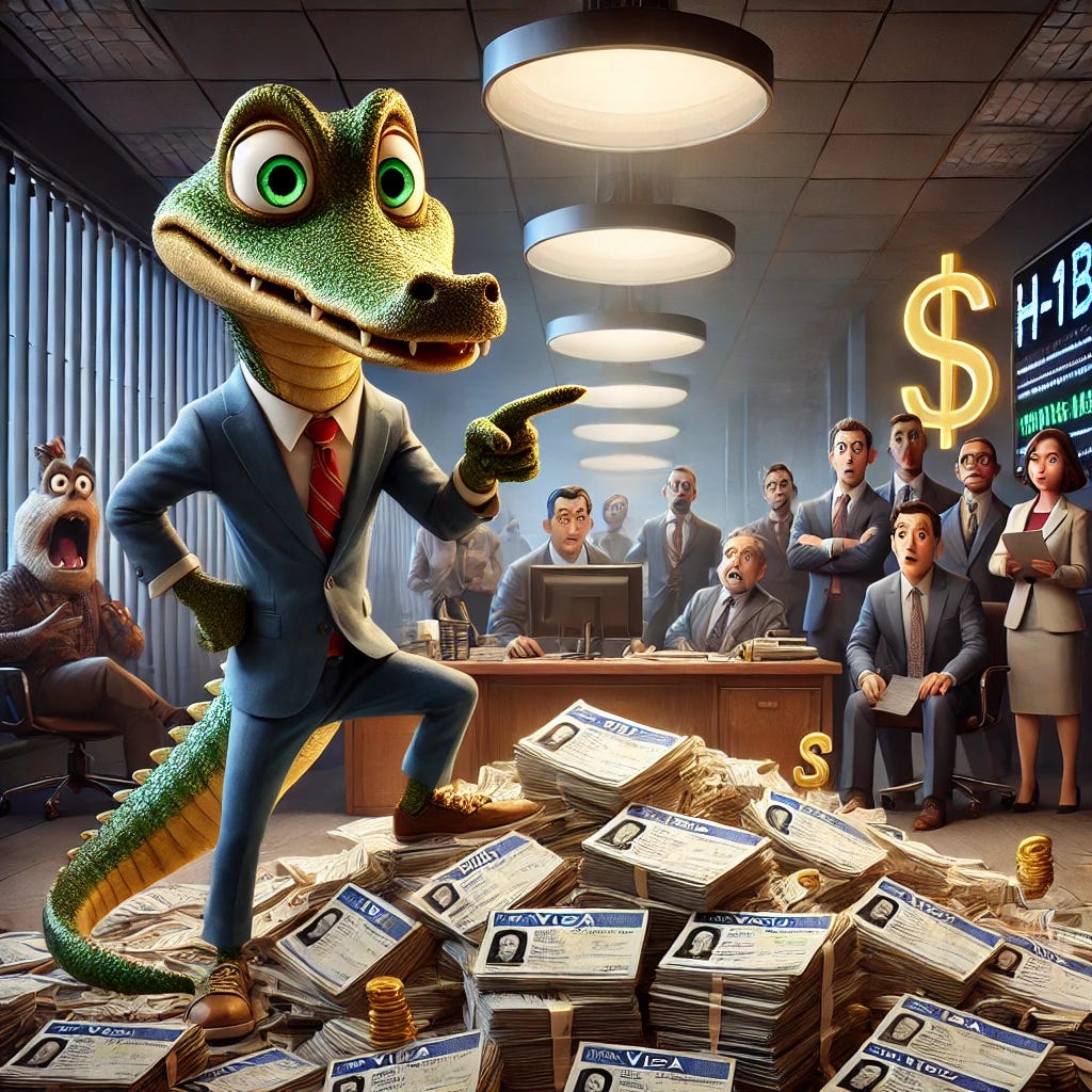 A Pixar-like anthropomorphic gator named Croaky standing on a desk in a bustling corporate office environment. Croaky has a determined expression, pointing at a pile of H-1B visa documents spilling onto the floor. Surrounding him are tech executives in suits, looking surprised and guilty, while glowing computer screens display dollar signs. In the background, a shadowy figure hoards gold coins, symbolizing corporate greed. The scene is detailed with modern office decor and a serious yet satirical tone, highlighting Croaky as a whistleblower or reformist.