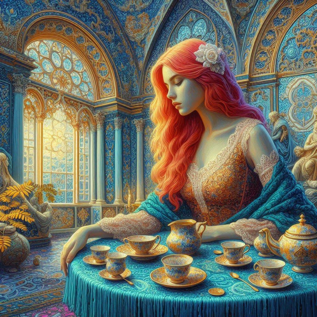 on a tea set;chunky oil paint of woman red hair cream neon lace. tiny blue fringe . long shot.  toward camera/window, tapestry in blue; painting of Sintra,Portugal,Pena Palace /Quatrefoil:Gothic Tracery/ ivory highlight/ pink neon. Louver blue decorative ceiling tiles. Moringa tree in foreground bright yellow green. sculptures ivory, cracked porcelain/gold/columns/Misty/ starry purple blue space  chunky painting 