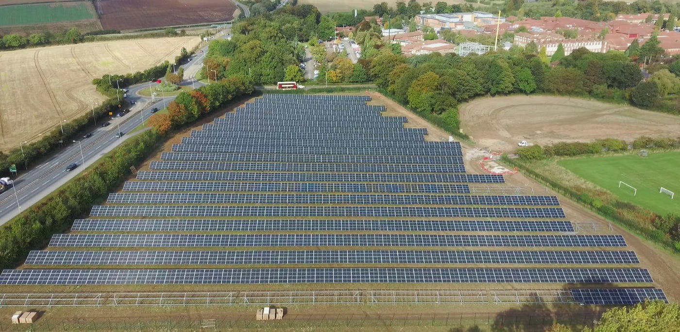 Field of solar panels stretching into the distance Castle Hill Hospital site in Cottingham