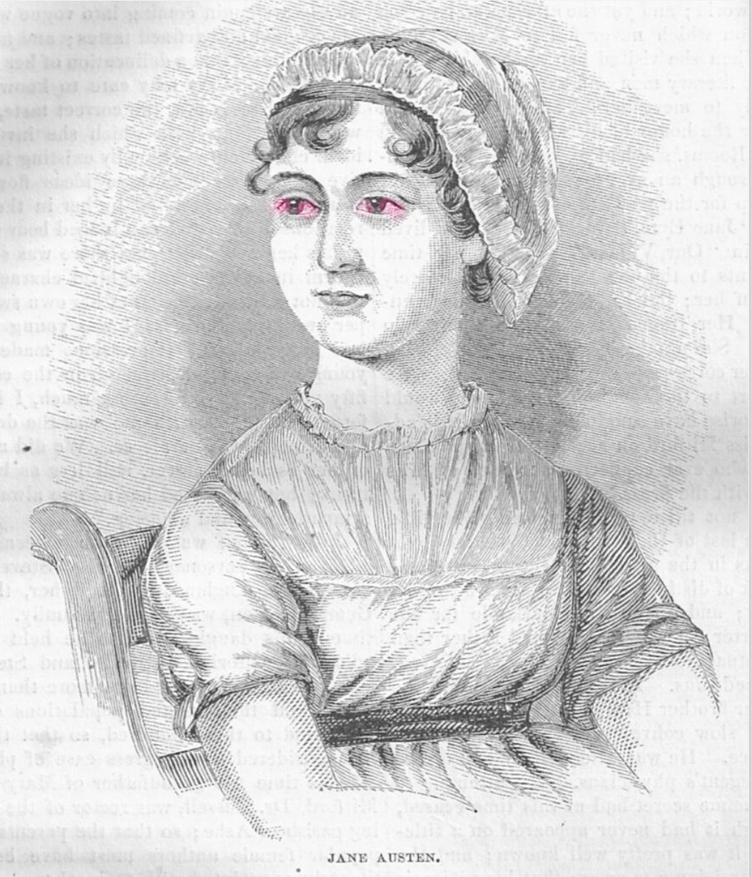 Portrait of Jane Austen with red eyes like she's high. 