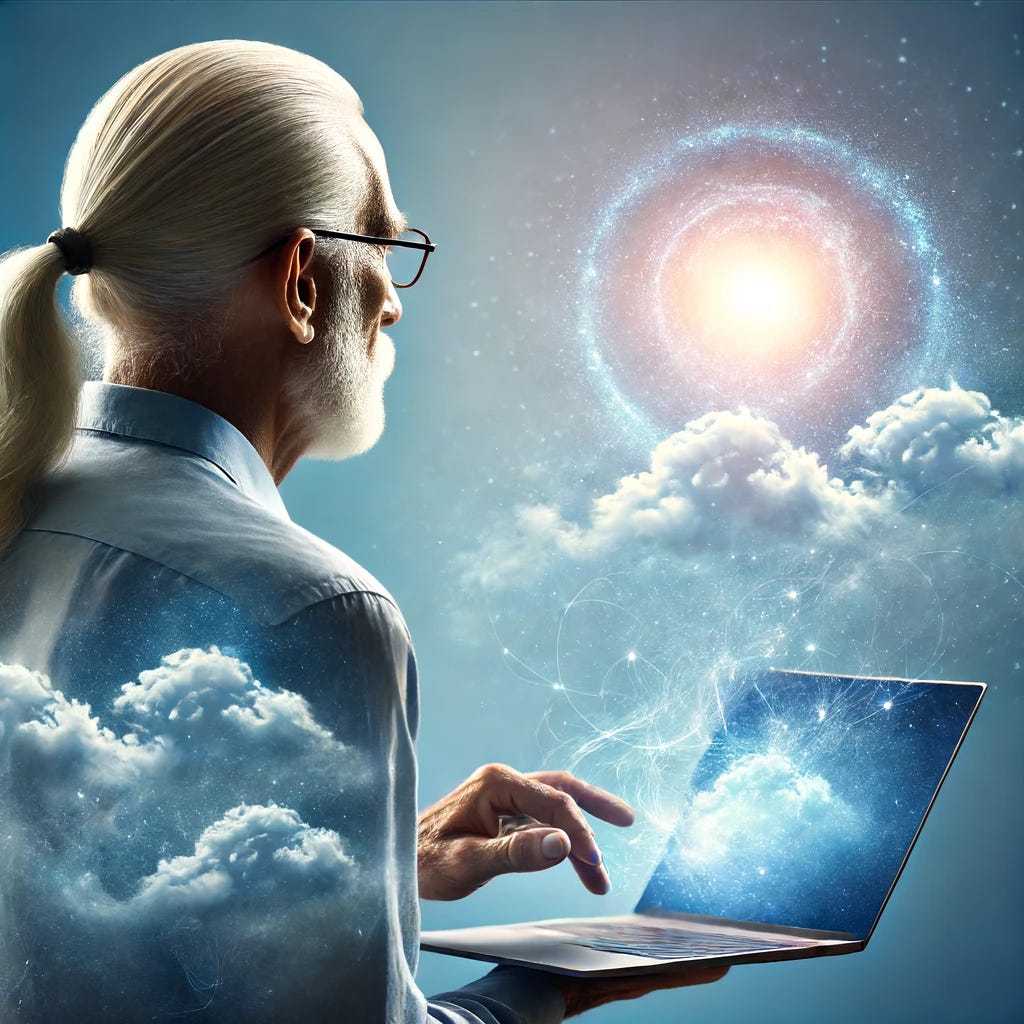 An 80-year-old man seen from behind with a ponytail, either writing in a journal or typing on a laptop, with a subtle glow of light or a gentle cloud surrounding his head, symbolizing consciousness and the power of belief. The background features a soft, gradient blue, representing the uncertainty and vastness of the universe. The image conveys a sense of contemplation, creativity, and inspiration.
