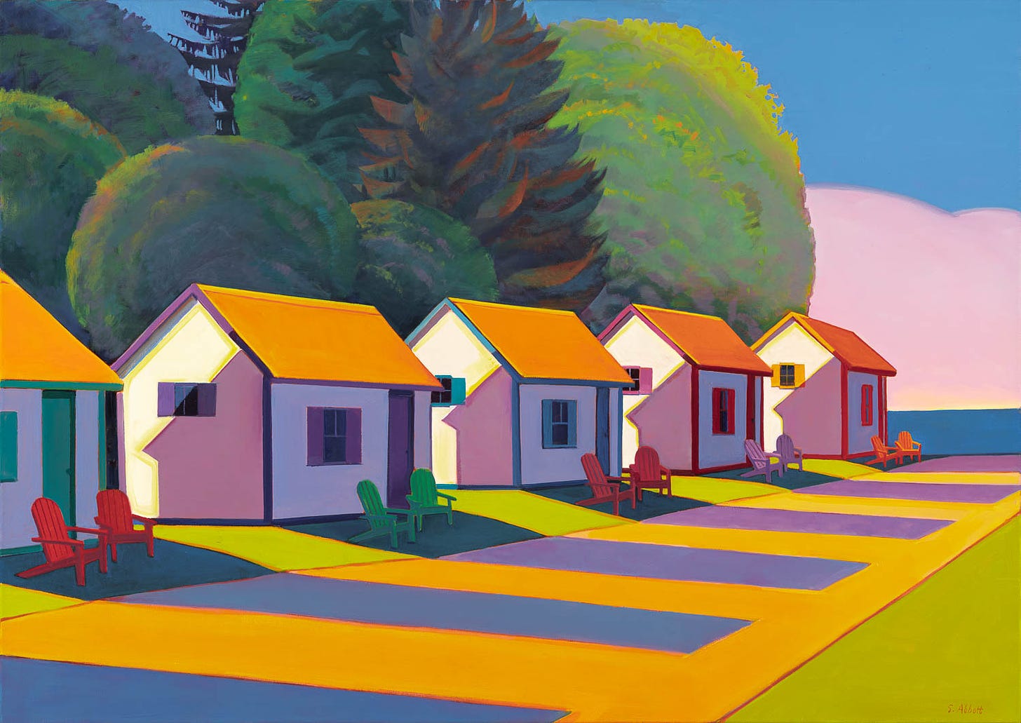 A row of houses with chairs and trees

Description automatically generated