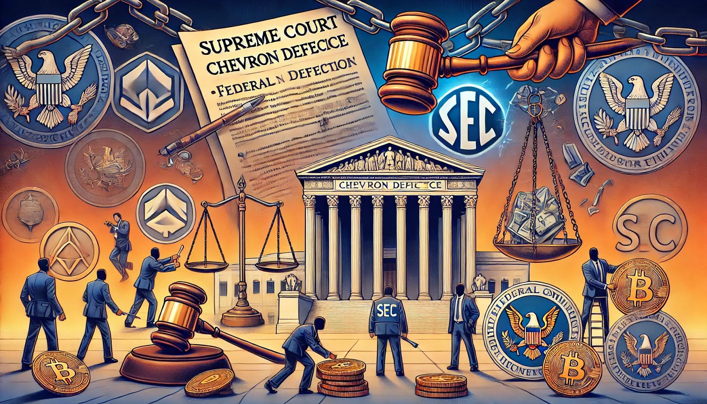 A 16:9 story image illustrating the impact of the Supreme Court Chevron ruling on the SEC's regulation of crypto and tokenization. Include the following elements:

1. Supreme Court Chevron ruling: Depict the Supreme Court building with a gavel breaking a chain labeled 'Chevron deference'.

2. Federal agencies interpreting laws: Show a document with ambiguous laws and a federal agency interpreting it, with a crossed-out SEC symbol.

3. Limiting SEC's power: Visualize the SEC's power being limited with a barrier or wall.

4. Aggressive SEC regulation: Illustrate the SEC aggressively regulating cryptocurrencies with a large SEC figure overseeing smaller crypto symbols.

5. Impact on SEC authority: Highlight the significant impact on SEC authority with a shrinking SEC logo.

6. Shift towards limiting federal powers: Show a scale balancing federal powers and crypto industry, tipping towards the latter.

7. Challenges for SEC: Depict challenges for the SEC in enforcing regulations with obstacles or hurdles.

8. Win for crypto industry: Illustrate a victorious crypto industry with celebratory symbols like confetti and thumbs up.

9. Need for clearer legislative direction: Show a legislative path with a signpost pointing towards 'Clarity'.

10. Partisan divisions: Visualize deep partisan divisions in Washington with split red and blue colors.

11. Congress taking action: Depict Congress members discussing tokenization and crypto regulation with a banner 'Action Needed'.

12. Ongoing legal battles: Illustrate ongoing legal battles in the crypto space with courtrooms and legal documents.