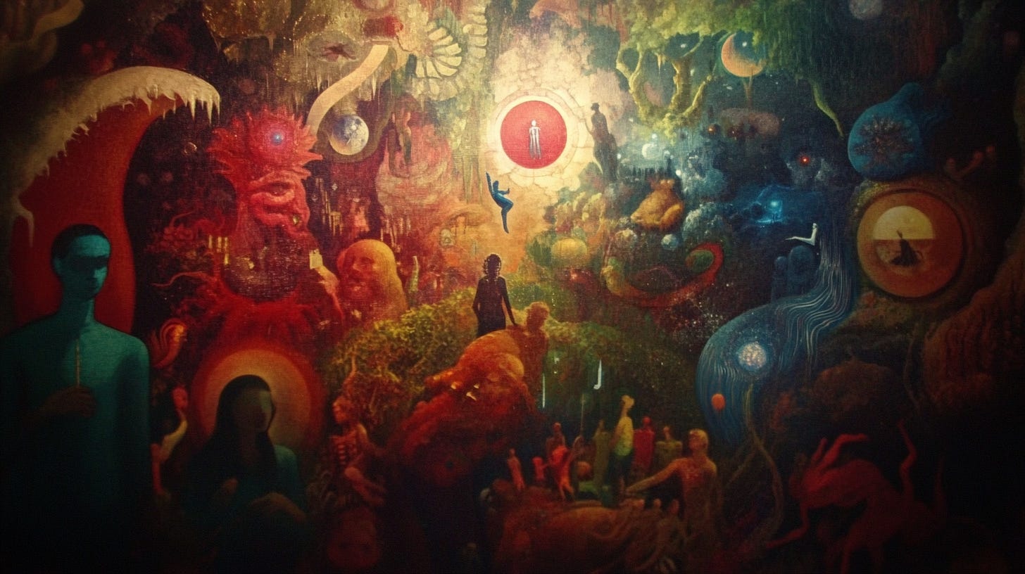 A vibrant and surreal painting teeming with abstract and fantastical elements, set in a dreamlike landscape. The central focus features a glowing red orb with a figure suspended within, surrounded by layers of swirling energy and cosmic imagery. The scene is filled with various figures and creatures, blending human forms with ethereal beings, all interwoven in lush greenery, celestial motifs, and fiery reds. The foreground showcases shadowy silhouettes observing the surreal tableau.