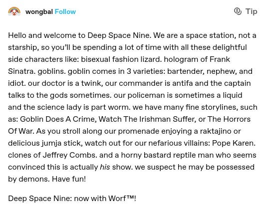 Hello and welcome to Deep Space Nine. We are a space station, not a starship, so you’ll be spending a lot of time with all these delightful side characters like: bisexual fashion lizard. hologram of Frank Sinatra. goblins. goblin comes in 3 varieties: bartender, nephew, and idiot. our doctor is a twink, our commander is antifa and the captain talks to the gods sometimes. our policeman is sometimes a liquid and the science lady is part worm. we have many fine storylines, such as: Goblin Does A Crime, Watch The Irishman Suffer, or The Horrors Of War. As you stroll along our promenade enjoying a raktajino or delicious jumja stick, watch out for our nefarious villains: Pope Karen. clones of Jeffrey Combs. and a horny bastard reptile man who seems convinced this is actually his show. we suspect he may be possessed by demons. Have fun!

Deep Space Nine: now with Worf™!