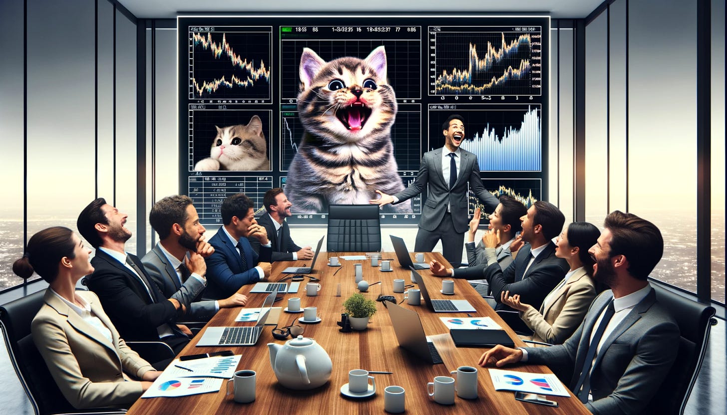 A humorous and chaotic office scenario where a business presentation goes awry due to AI-generated slides filled with cat memes. The scene shows a boardroom with a large screen displaying a financial graph overlaid with a humorous cat meme. Around the table, diverse corporate professionals display a mix of reactions from confusion to suppressed laughter. The setting is modern and well-lit, depicting a moment of unexpected humor in a professional environment.
