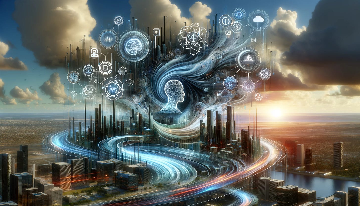 A conceptual image depicting the integration of General AI into modern technology stacks. The foreground shows a digital landscape with flowing data streams and abstract representations of AI algorithms, symbolizing testing, versioning, training, and support. The background features a futuristic cityscape, representing the evolving tech industry. The image should convey a sense of complexity, innovation, and the transformative impact of AI, with a professional and sophisticated aesthetic, suitable for a blog post targeting senior practitioners in the tech industry.