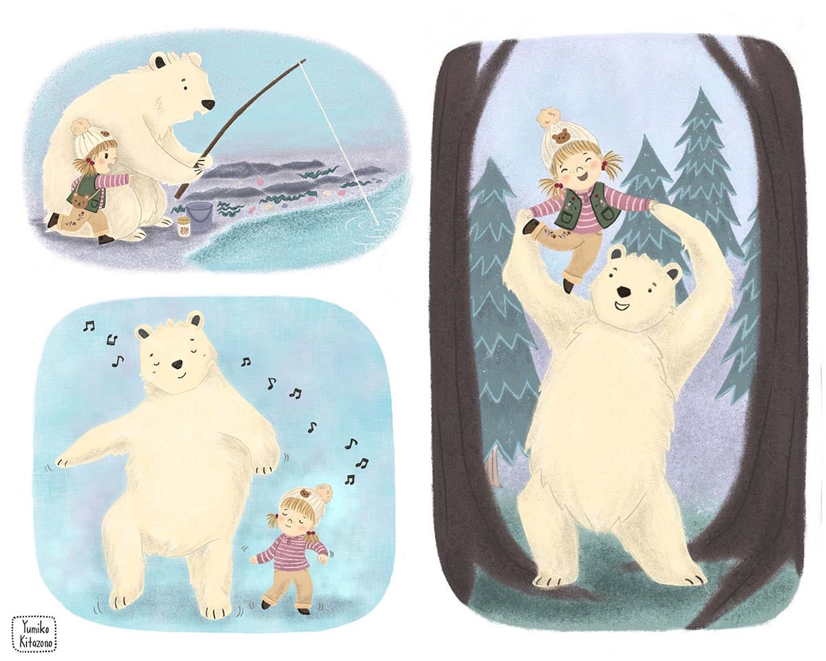 A three-paneled digital illustration by. Yumiko Kitazono. A little girl with blonde pigtails, a winter beanie, pink-striped shirt, and khaki pants does various activities with a giant polar bear. In the top left panel, the bear holds a fishing line while the girl points to the water. In the bottom left panel, they are standing side-by-side, dancing to music with their eyes closed. Music notes trail above them. In the right panel, the little girl is one the polar bears shoulders, and they look delighted.