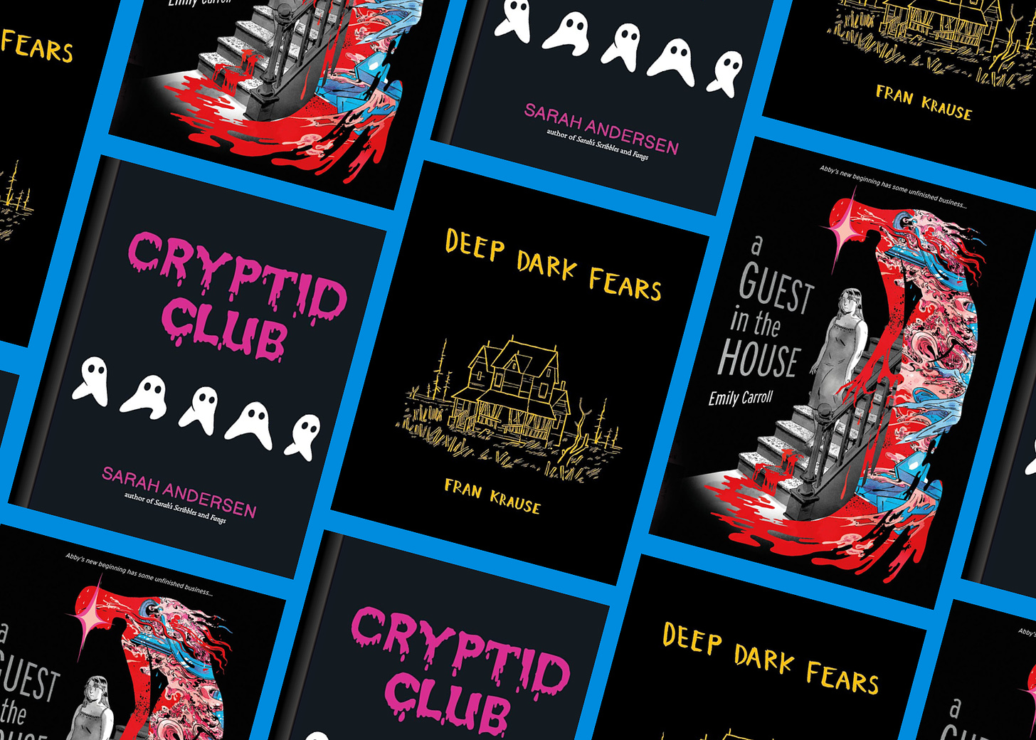 A grid of book covers for spoopy comics: Cryptid Club by Sarah Andersen, Deep Dark Fears by Fran Krause, and A Guest in the House by Emily Carroll.