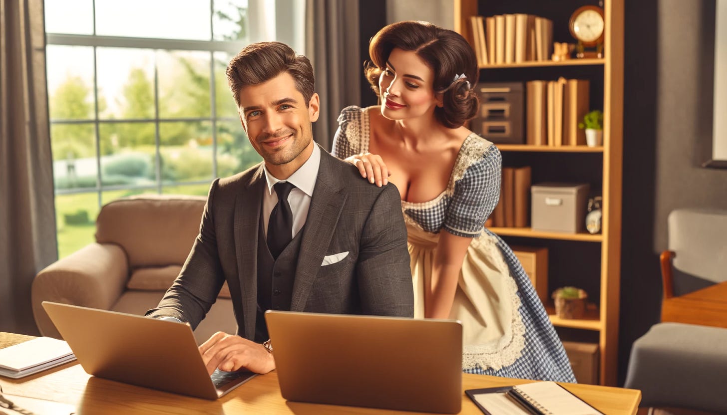 A man in business attire sits contentedly in his home office with several laptops in front of him. His attractive housewife, dressed in 1950s attire with a vintage dress and hairstyle, is kneeling beside him, smiling sweetly. The home office has a cozy and organized atmosphere with bookshelves, a desk lamp, and a window showing a sunny day outside.