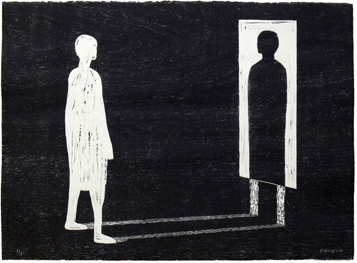 This may contain: a black and white drawing of a person standing in front of a mirror with the reflection of a man
