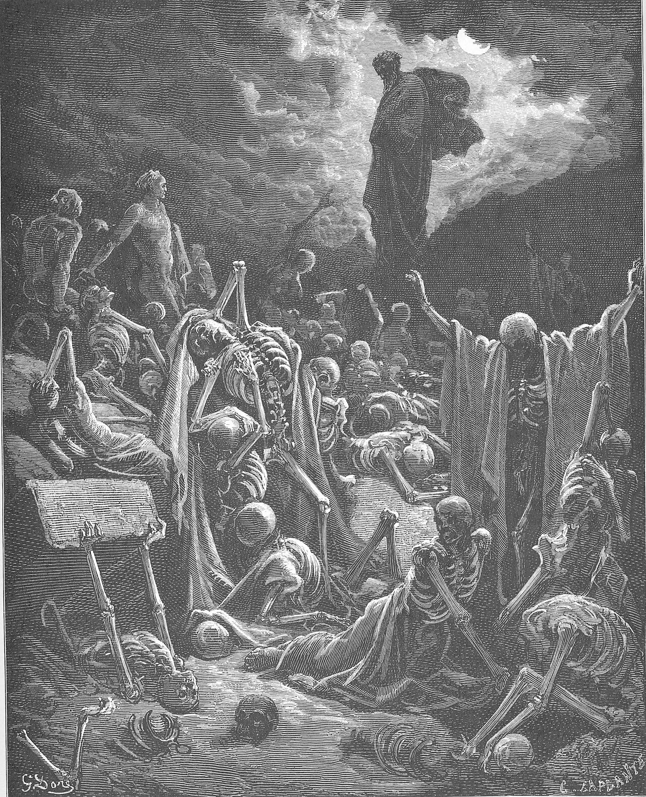 Black and white engraving of Ezekiel surveying a valley of bones