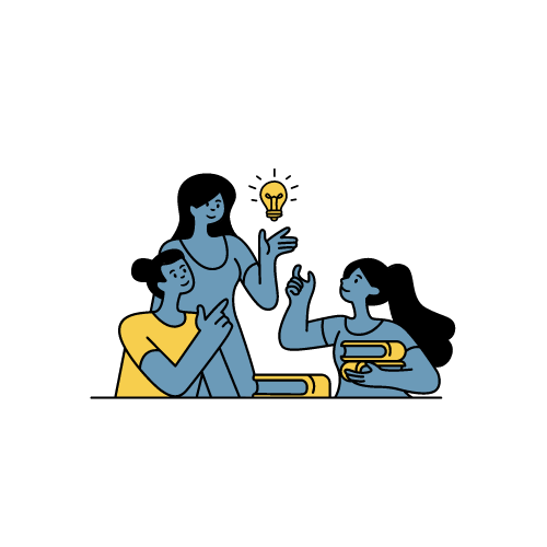 3 women gathered around carrying books and pointing to a lightbulb. Graphic by Canva.