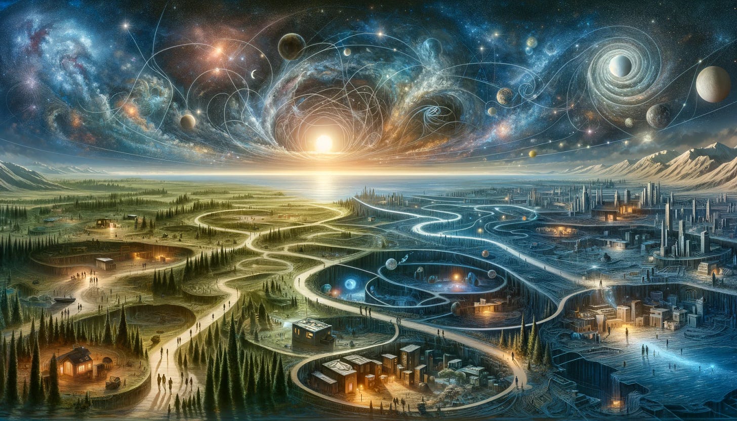 A wide, panoramic landscape depicting a metaphorical representation of the depths and complexities of human thought and communication. The landscape is a vast, intricate network of pathways, each leading to different scenes - bustling cities, quiet forests, mysterious caves, and tranquil lakes. These pathways and scenes symbolize the diverse thoughts and dialogues of the human mind. The landscape is bathed in the light of a setting sun, stars, and a moon, reflecting the endless possibilities and mysteries of understanding one another.