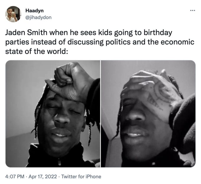 Jaden smith when someone at the party doesn't wanna talk about the political  and economic state of the world | Jaden Smith | Know Your Meme