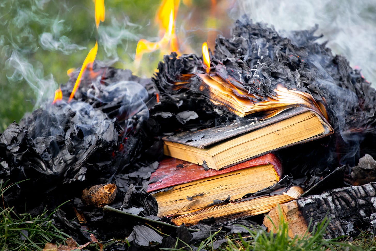 Books burning on a lawn to depict the ignorance of illegally defunding libraries