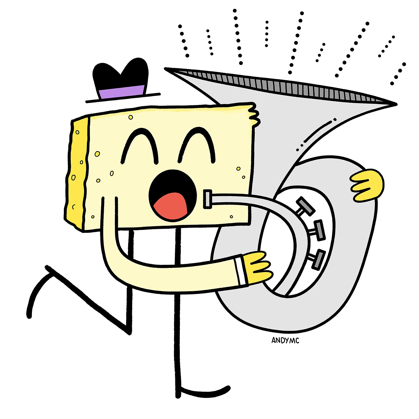 An illustration of a piece of cornbread playing a tuba.