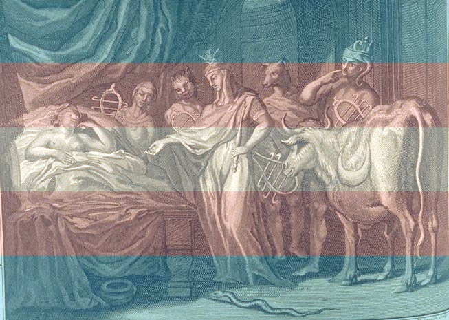 The goddess Isis appears to Telethusa. Trans flag interposed on the image. 