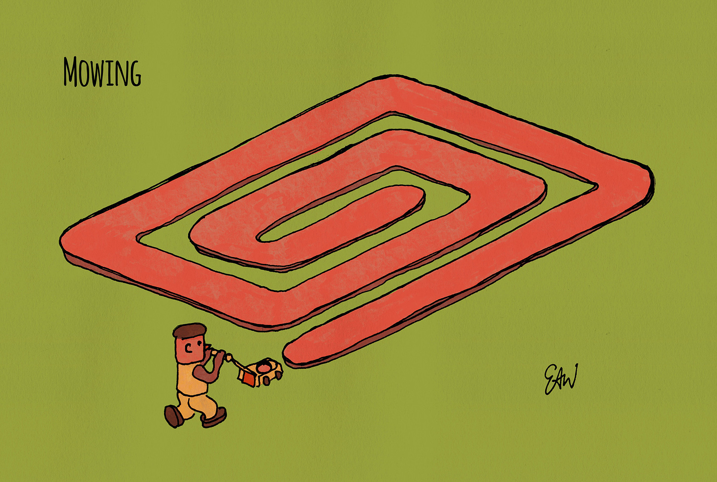 Drawing of a character mowing the lawn while following a spiral pattern to the centre.
