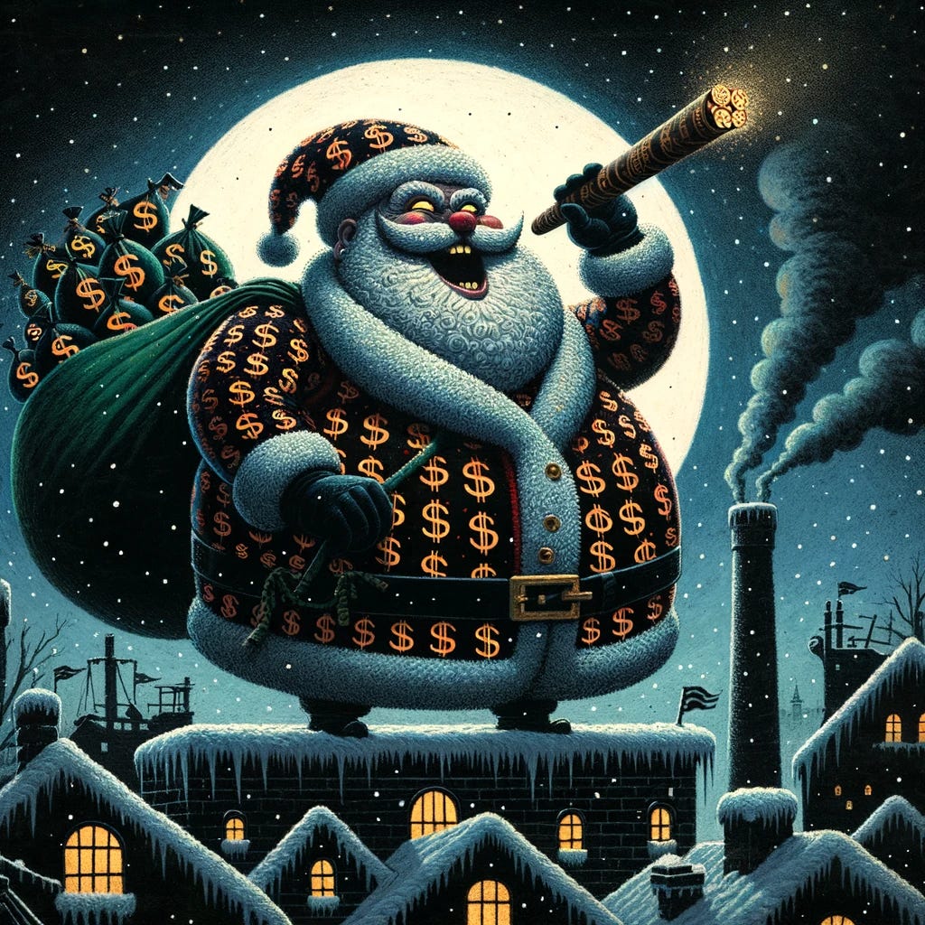 A huge Santa in black with dollar signs all over him smoking a huge cigar in an evil manner