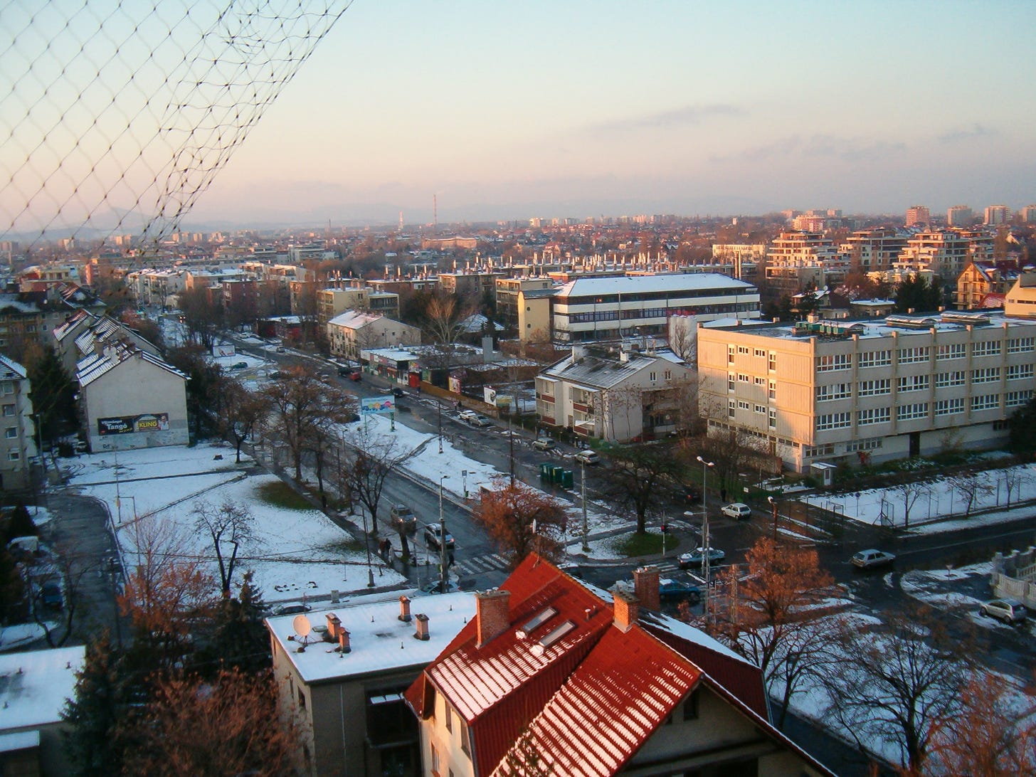 A photo of Pest in the snow, taken from the 9th floor