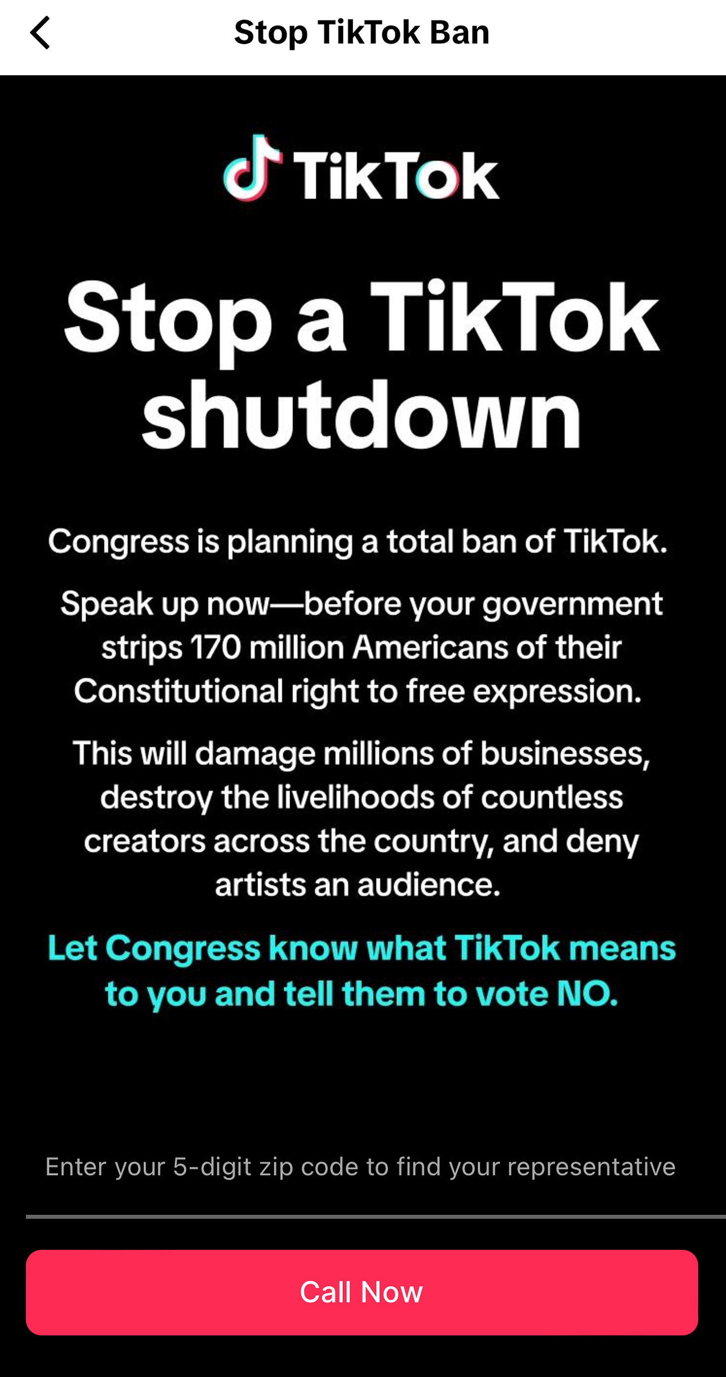 A TikTok screen reading, “Stop a TikTok shutdown,” and a prompt for users to call their member of Congress and urge them to vote no.