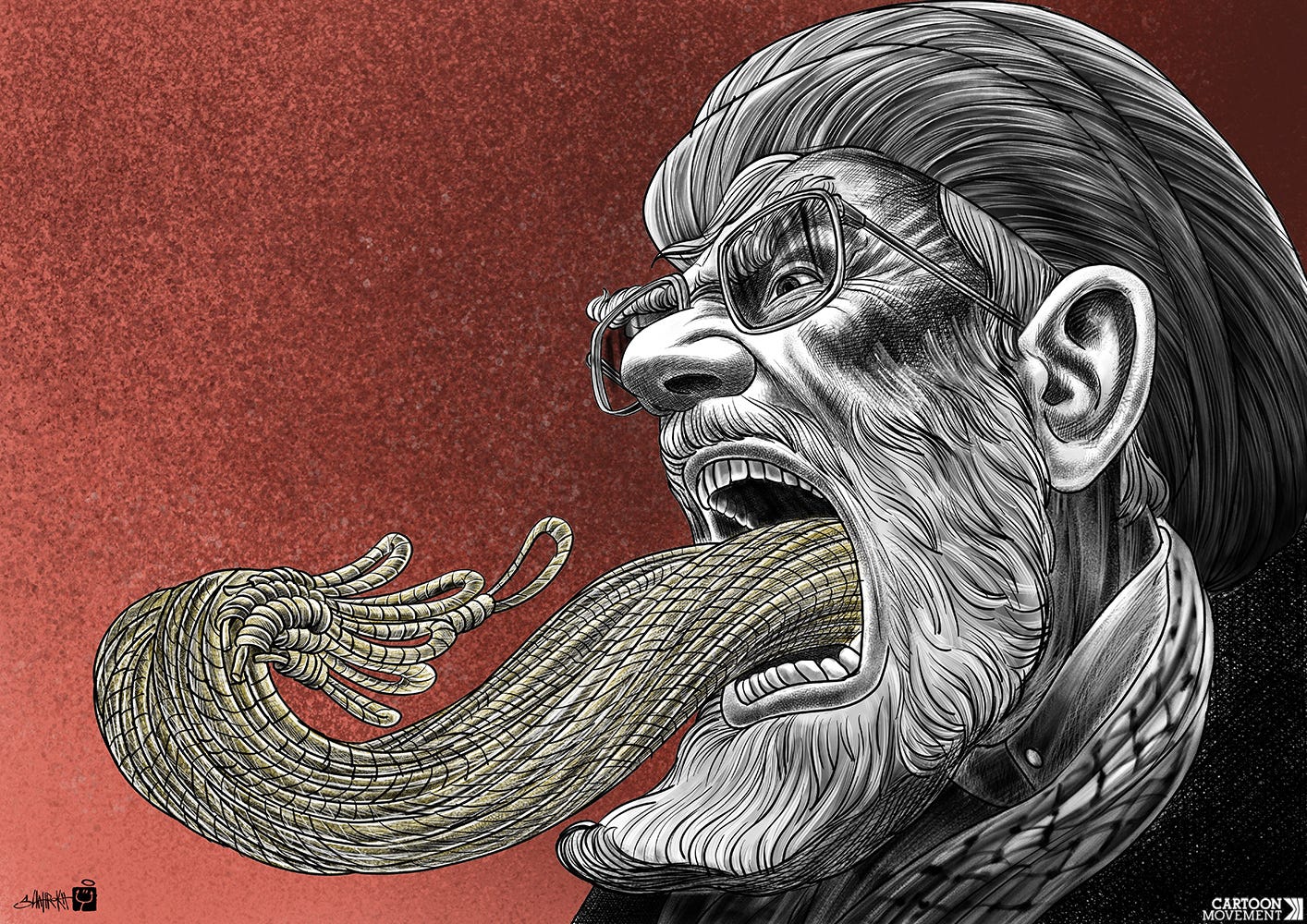 Cartoon showing the face of Iranian Supreme Leader Khamenei screaming in anger. A large tongue is protruding from his mouth, made up of several nooses.